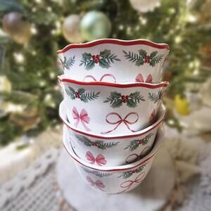 4 PINKMAS Cereal Bowls Pink Bows Christmas Tree 6" Porcelain Holly 222 Fifth NEW
